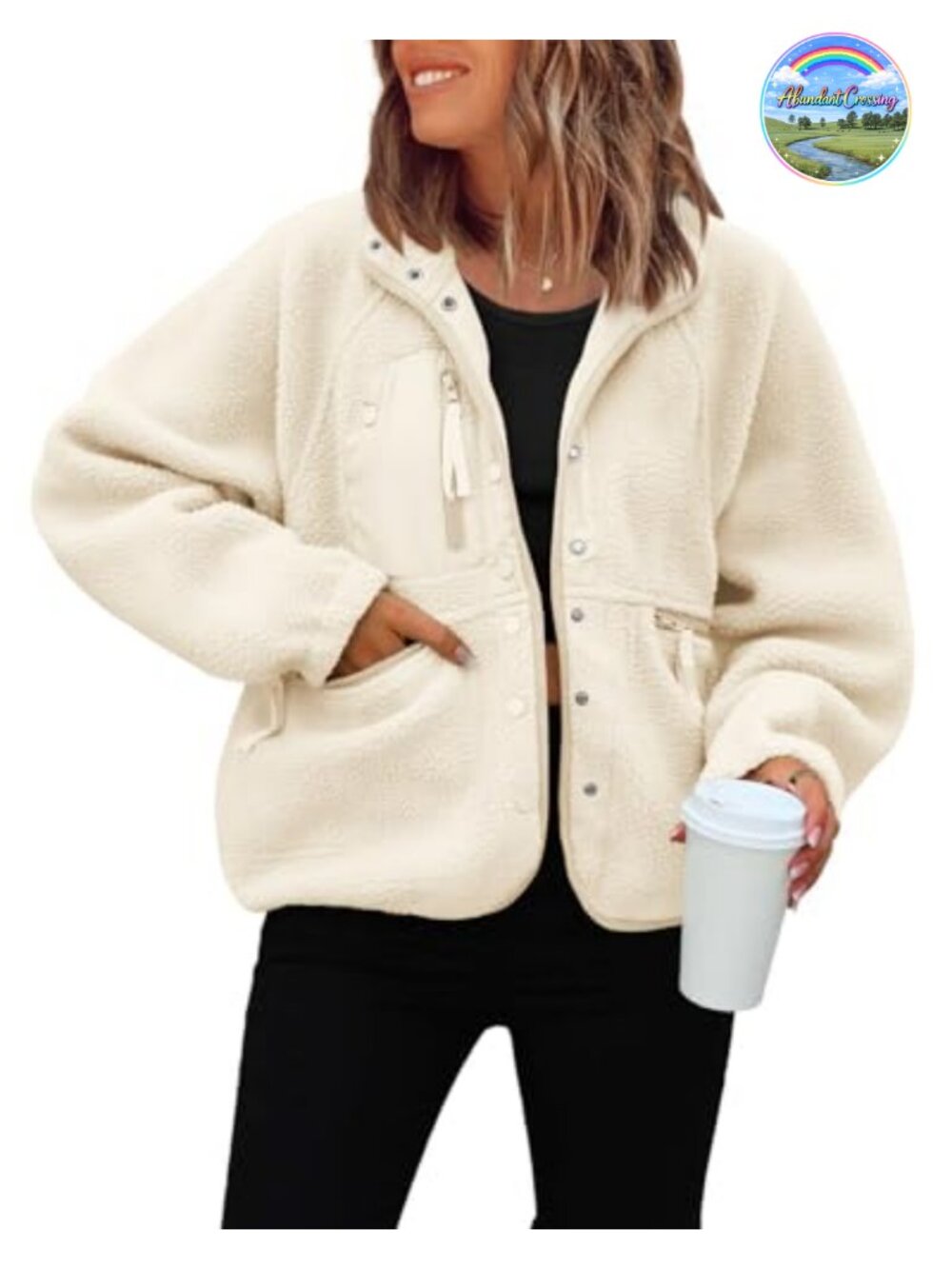 Cropped Fuzzy Fleece Button Down Jacket Oversized Zip Pockets